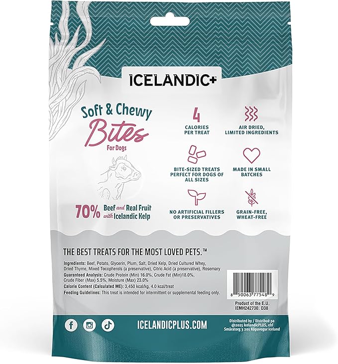 Icelandic+ Soft & Chewy Bites - Beef, Plum & Kelp - 2.8oz Dog Treats, 70% Meat & Fruit, Air-Dried, Limited Ingredients, Pet Snack, Grain Free