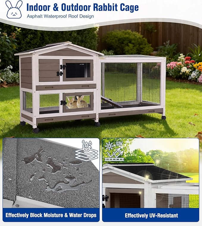 Large Rabbit Hutch Indoor, Bunny Cage Outdoor with Chew-Proof Ramp, 2-Story Guinea Pig Cages with 6 Wheels, 3 Pull-Out Trays, Waterproof Asphalt Roof, 62" L - Brown