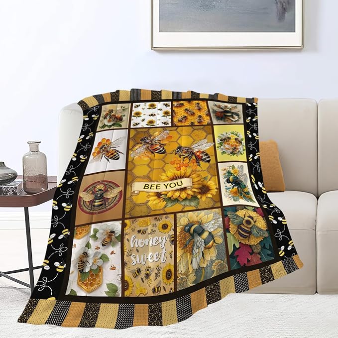 Bee Throw Blanket Bee Stuff Gifts for Kids Girls Boys Adults Women Men Soft Cozy Warm Plush Fluffy Fuzzy Fleece Blanket Decor 50''X60''