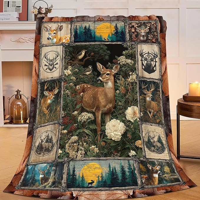 Deer Throw Blanket Hunting Deer Elk Stuff Gifts for Kids Girls Boys Adults Women Men Soft Cozy Warm Plush Fluffy Fuzzy Fleece Blanket Decor 60''X80''