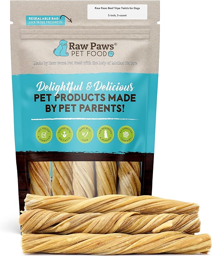 Raw Paws Beef Tripe Twists for Dogs - 5-Inch (5-Count) - Packed in USA - Free-Range Green Tripe Sticks for Dogs - Odor-Free, Crunchy Tripe Dog Treats - All-Natural Green Beef Tripe Sticks Chews