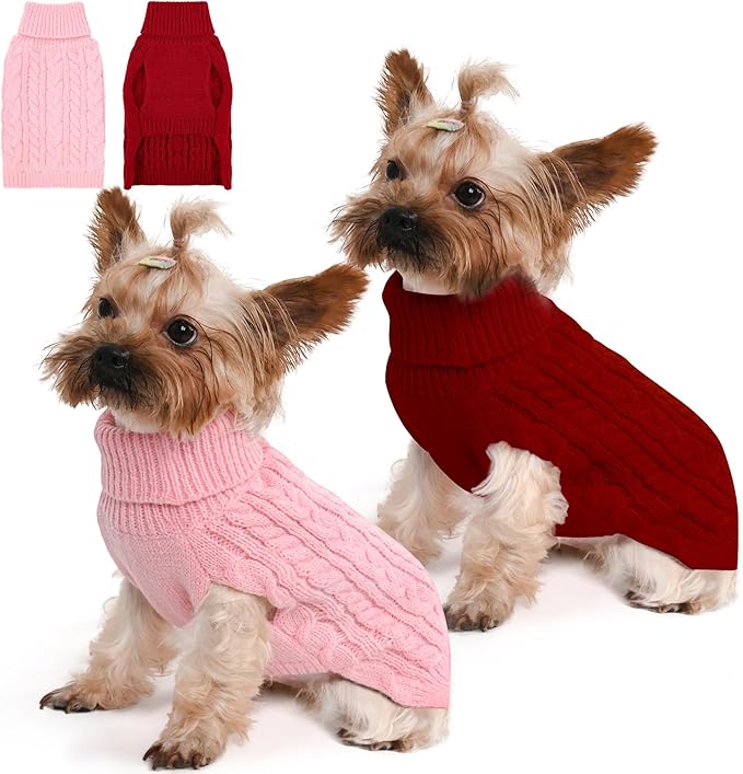 2 Pack Dog Sweaters for Small Dogs Winter Turtleneck Pullover Cable Knit Fleece Stretch Puppy Doggie Chihuahua Toy Poodle Yorkie Pomeranian Boy Girl Pet Clothes (S, Pink & Red)