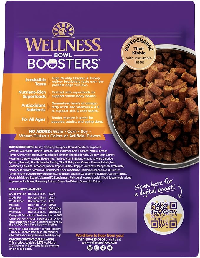 Wellness Bowl Boosters Tender Toppers, Dog Food Topper for Small, Medium, & Large Breeds, Grain Free, Natural, Turkey & Chicken, 2 Pound Bag (Pack of 1)