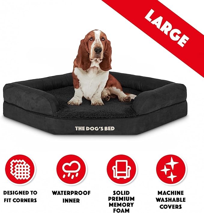 The Dog’s Bed Orthopedic Memory Foam Corner Dog Bed, Calming Surface – CertiPUR-Certified Foam, Plush Fabric, Black Plush, Large