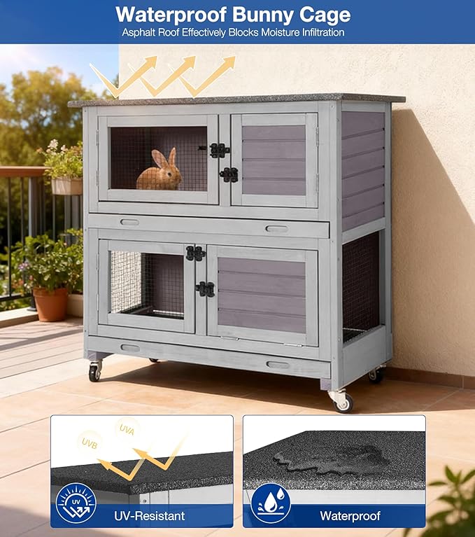 2-Story Rabbit Hutch Indoor Outdoor with Wheels, Bunny Cage with Slip-Proof Ramp, Guinea Pigs Cage with Waterproof Roof & Easy-Clean Tray, Multi-Access Doors, 36"