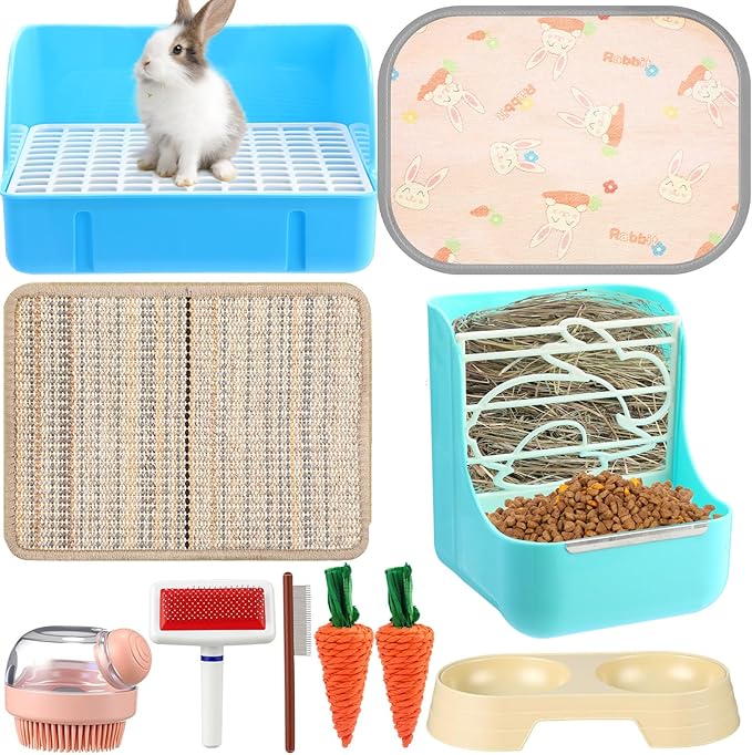 Honeydak 10 Pcs Rabbit Starter Kit Small Litter Box Bunny Grooming Kit Scratch Pads Hay Feeder Bowl Ice Pad with Bunny Toys for Guinea Pig Rabbit Accessories (Blue)