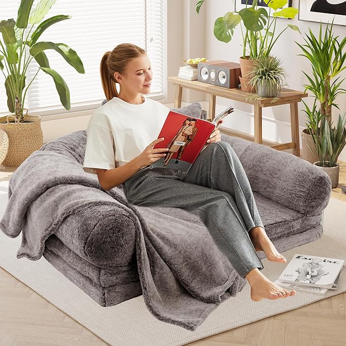 2 in 1 Foldable Human & Dog Bed, 72"x48"x11" Extra Large Orthopedic Memory Foam Bed for Adults & Pets, Ultimate Comfort Washable Fur & Blanket, Brown