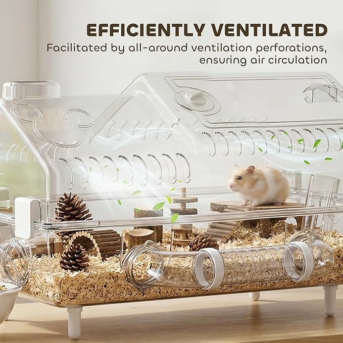 PawHut 8 in 1 PET Hamster Cage, Dwarf Hamster Cage with Large Wheel & Hideout, Small Animal Habitat with Accessories, Clear Pet House, 21.5" x 11.8" x 12.6"