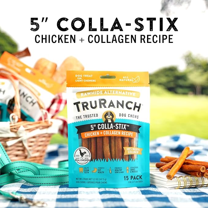 TRURANCH Collagen Sticks - 5" Collagen Sticks for Dogs - Long Lasting Healthy Joint Support - Rawhide Alternative - Skin & Coat Health - Made with Real Chicken, Value Pack, 3 Bags, 45 Count