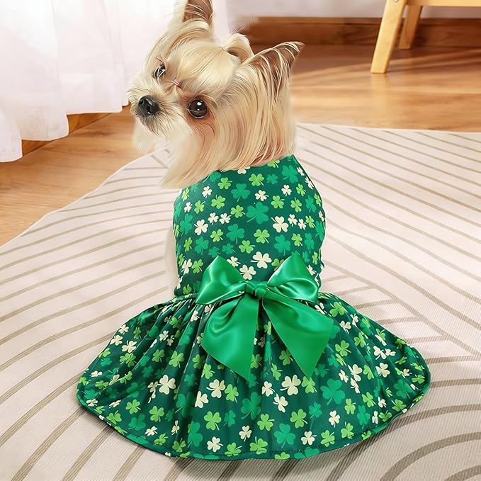 Idepet St. Patrick's Day Dog Dress with Bow Dog Tulle Skirt for Small Dog Girls Green Puppy Dress Cat Apparel Pet Holiday Outfits (Green, Large)