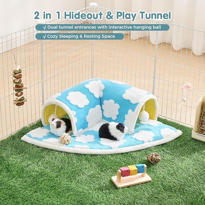 Avont Guinea Pig Hideout Tunnel Bed, Large Washable Hideaway House with Play Tunnel for Small Animals, Chinchillas Hamsters Chipmunks Dwarf Rabbits Rats -Cloud