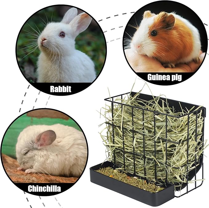 Rabbit Hay Feeder Guinea Pig Hay Holder with Hook Heavy-Duty Metal,Internal Sloping Design，Hay Feeder for Bunny,Rabbit，Chinchillas,Comes with Two Multifunctional Zippers