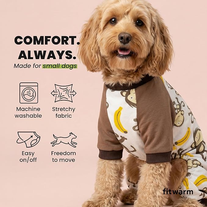 Fitwarm Monkey Dog Pajamas, Cute Dog Clothes for Small Dogs Boy Girl, Pet Onesie Clothing, 100% Breathable Cotton, Brown, Small