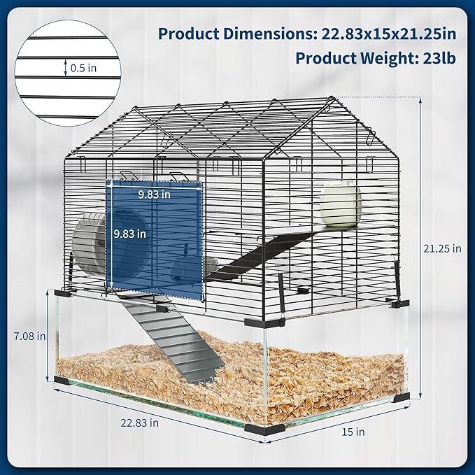 3-Tier Large Hamster Cage, 360° View Metal Guinea Pig Cage with Deep Glass Base, Platforms, Ramps, Running Wheel, Water Bottle, Tool-Free Snap-on Assembly, Rat Cage for Syrian Dwarf Hamster Gerbil