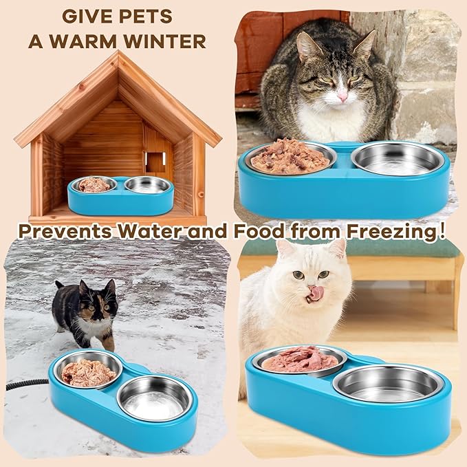 Heated Cat Bowl – Double Removable Stainless Steel Bowls, Freeze-Proof Water & Food, Overheat Protected, Chew-Resistant Cord, UL Listed