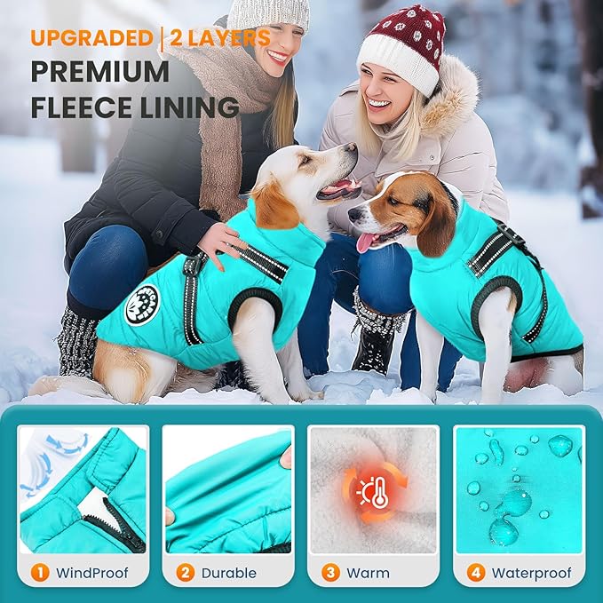 PETCARE Winter Dog Coat with Harness Built in Waterproof Dog Jackets Warm Pet Fleece Vest Windproof Snow Jacket Snowsuit Reflective Dogs Cold Weather Coats for Puppy Small Medium Large Dogs Cats