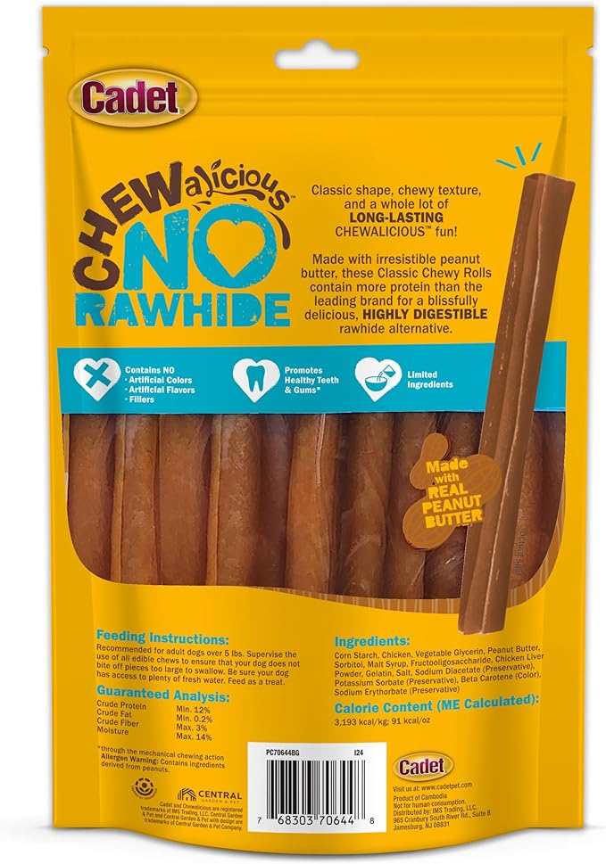 Cadet Chewalicious Classic Chewy Rolls with Real Peanut Butter, Rawhide-Free Healthy Dog Chews, Limited-Ingredient & Long-Lasting Chew Treats for Dogs, Peanut Butter Flavor, 10 Count