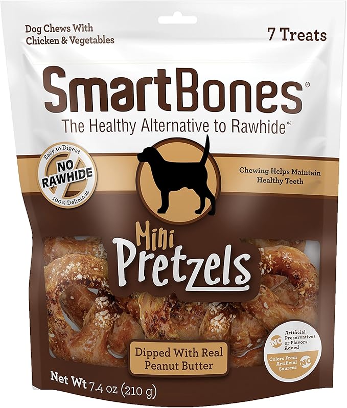 SmartBones Mini Pretzels Dipped With Real Peanut Butter, 7 Count, Rawhide-Free Chews For Dogs, (Pack of 24), Count: 168
