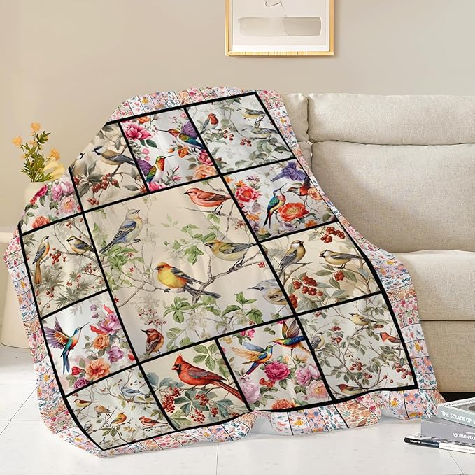 Bird Blanket Cardinal Hummingbird Sparrow Bird Throw Blanket Gifts for Women Men Boys Girls Kids Adults Super Soft Cozy Plush Fluffy Fuzzy Fleece Blanket Home Decor 60''X80''
