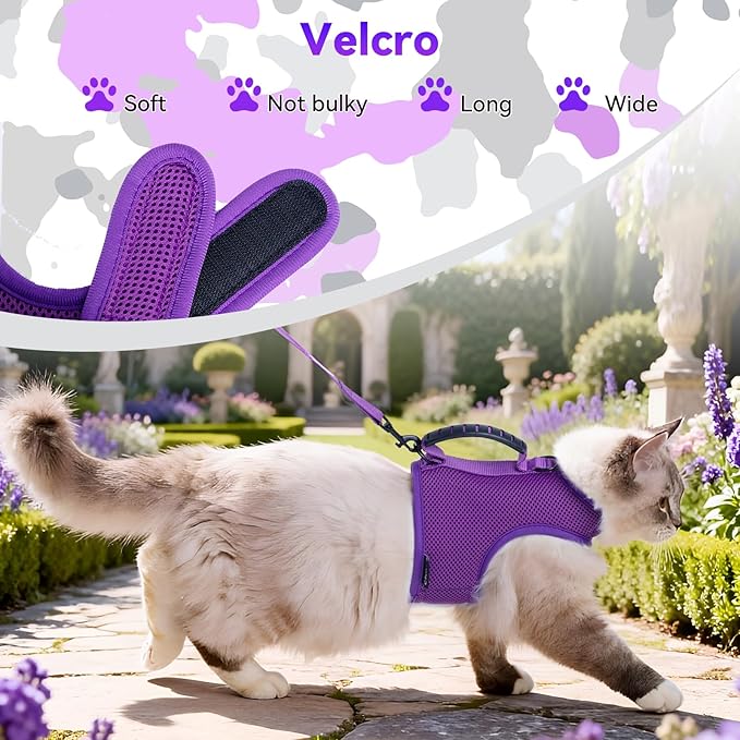 Cat Harness and Leash for Walking Escape Proof Breathable Mesh Fabric, Purple, Medium, Adjustable Cat Walking Jackets with Handle, Padded Stylish Cat Vest