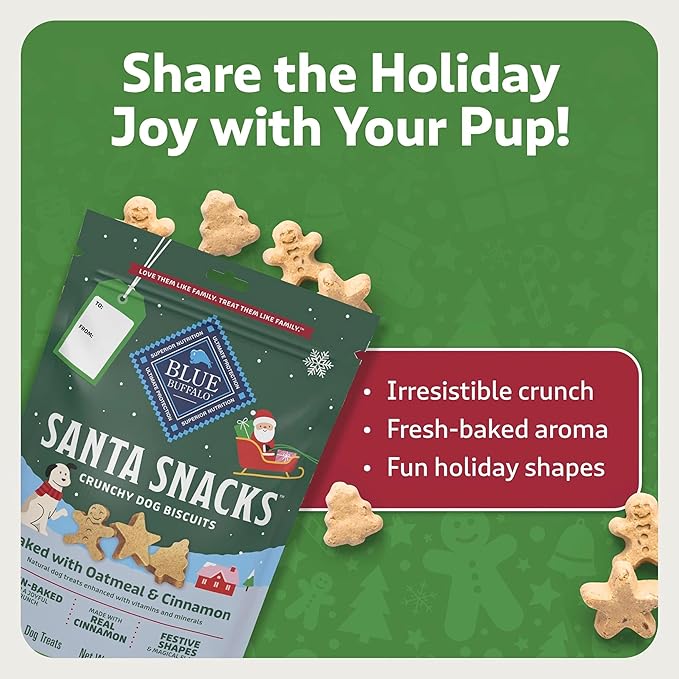 Blue Buffalo Santa Snacks Crunchy Dog Biscuits, Oven-Baked With Natural Ingredients, Oatmeal & Cinnamon, 11-oz Bag