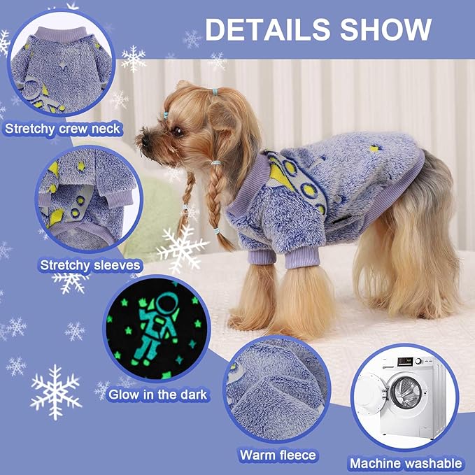 Kosiyi Small Dog Sweater Night Glow Fleece Dog Clothes for Small Dogs Girl Boy, Warm Pullover Doggy Sweatshirt, Winter Pet Coat Jacket Cat Costume, Puppy Outfit Female Male, Blue, XXS