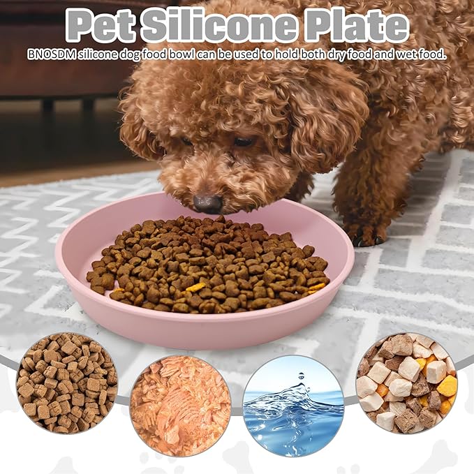 BNOSDM Silicone Cat Food Plate 2 Pack Shallow Dog Bowl Flat Puppy Feeding Dish for Small Dogs and Cats Whisker Fatigue Pet Plates for Dry and Wet Food (Light Pink)