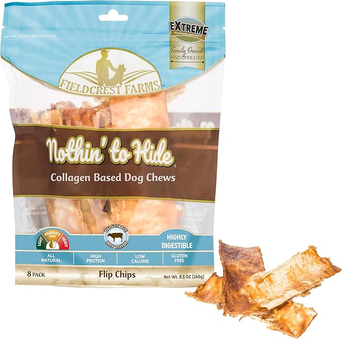 Fieldcrest Farms Nothin to Hide Flip Chips Dog Chews - Natural Rawhide Alternative Treats for Dogs, Collagen Based Snack for Moderate Chewers Up to 35lbs, Beef Flavor