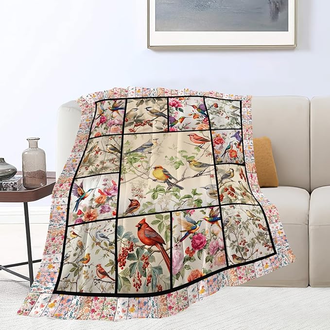 Bird Blanket Cardinal Hummingbird Sparrow Bird Throw Blanket Gifts for Women Men Boys Girls Kids Adults Super Soft Cozy Plush Fluffy Fuzzy Fleece Blanket Home Decor 60''X80''