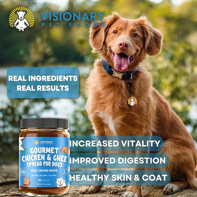 Visionary Pet Foods Chicken Meat Spread - Healthy Dog Treat - Alternative to Dog Peanut Butter, Xylitol Free, No Sugar and Filler Free - Use on Lick Mat, Food Mixer, Pill Pockets - 12oz Jar