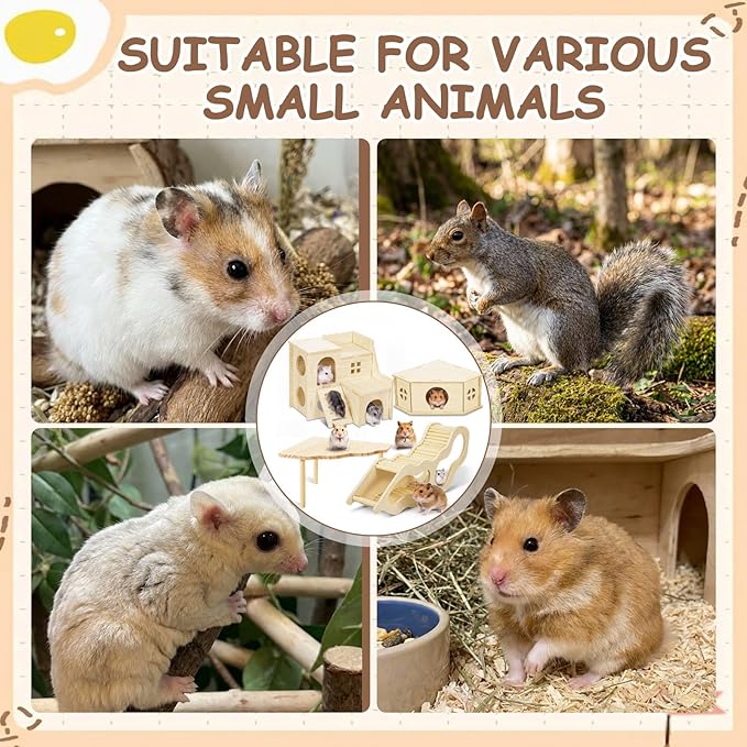 BreezeHug 4 Pcs Hamster Platform Hideout Wooden Tunnel Ladder Playhouse Hamster Game Climbing Toy with Platform Cage Accessories for Small Pets Dwarf Syrian Mice Degus Gerbils Squirrel(Spy Villa)