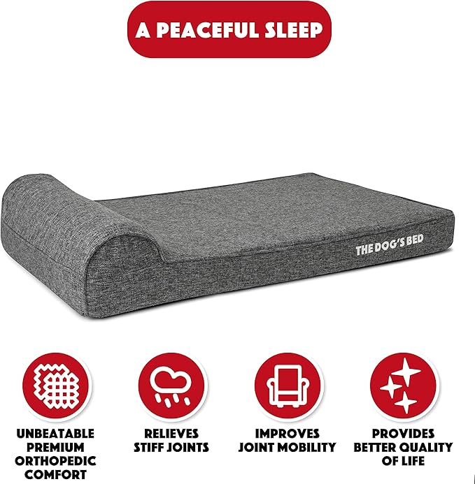 The Dog’s Bed Orthopedic Memory Foam Dog Bed with Headrest, Calming Surface – CertiPUR-Certified Foam, Linen Fabric, Grey Linen, XL, 4-Inch