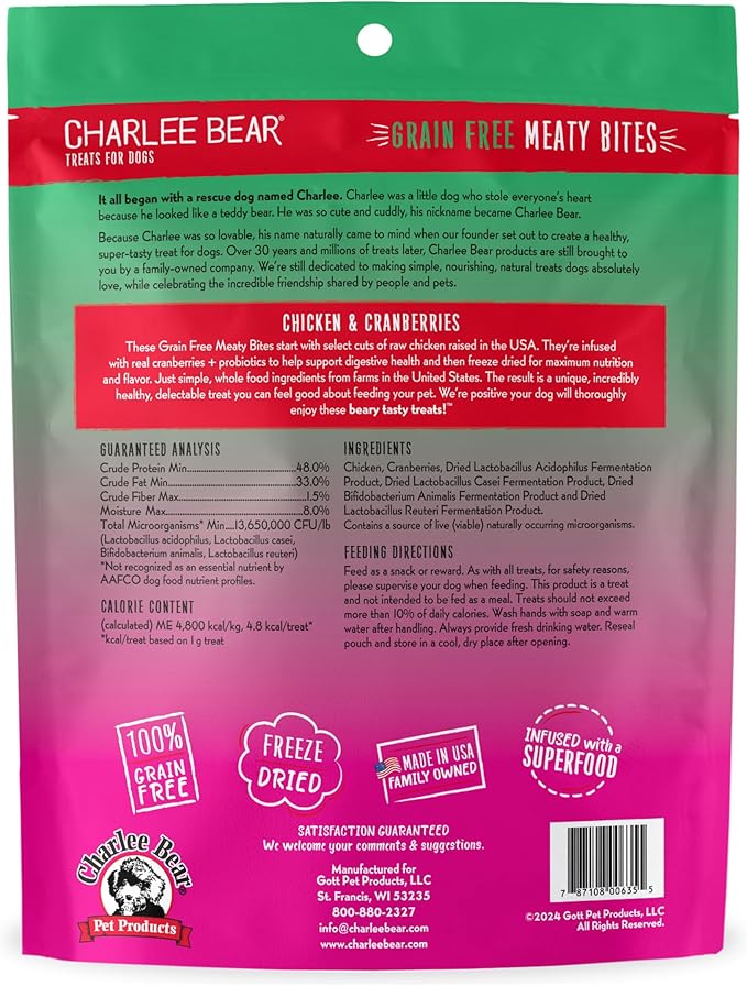 Charlee Bear Grain Free Meaty Bites Freeze Dried Dog Treats, Chicken and Cranberries, 2.25 Ounce Resealable Bag, Training Treats or Meal Topper Dogs, High Protein Dog Snacks, Made in USA