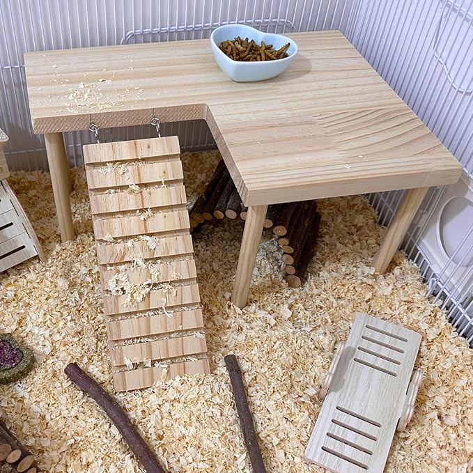 Wooden Hamster Platform with Legs, Large Syrian Hamsters Climbing Platforms with Ramp Kit Wood Ladder Bridge Rat Playing Toy Standing Table Gerbil Cage Accessories