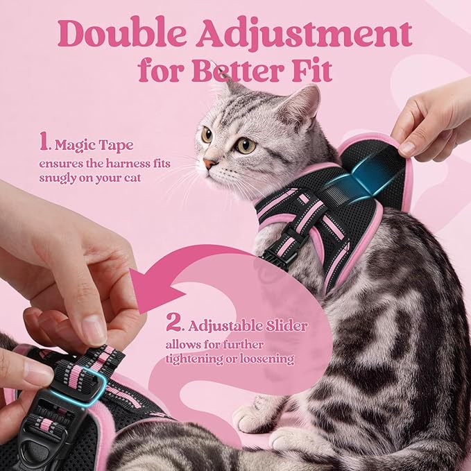 rabbitgoo Cat Harness and Leash Set for Walking Escape Proof, Adjustable Soft Kittens Vest with Reflective Strip for Cats, Comfortable Outdoor Vest, Black & Pink, M