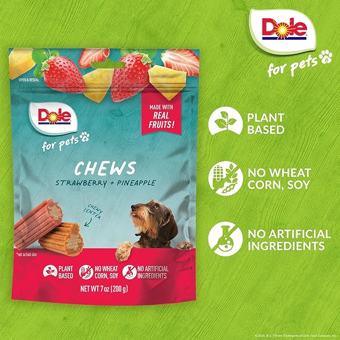Dole for Pets Dog Chews, Assorted Strawberry + Pineapple Fruit-Flavored Treats, Real Fruit Flavor, No Artificial Colors Flavors or Preservatives, No Wheat Corn Soy, 7.05 Oz Bag - 6 Pack