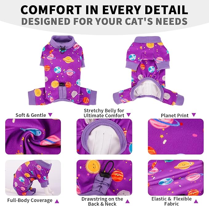 Sticky Hair Cat Clothes, Anti-Shedding Cat Pajamas, Post-Surgery Recovery Onesie, Soft Breathable, Prevents Licking & Scratching Wounds, Warm Cats Sweater, Sphynx Cats Clothing- Purple M
