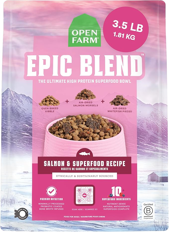Open Farm, Epic Blend High Protein Dry Dog Food, Probiotic Coated & Bone Broth Infused Kibble with Air Dried Meat & Organs, Minimally Processed & Nutrient Dense, Salmon & Superfood Recipe, 3.5lb Bag