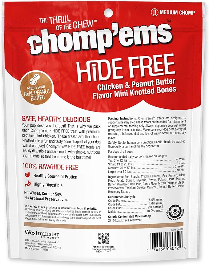 CHOMP 'EMS Chicken & Peanut Butter Hide Free Dog Chews - Rawhide Free Dog Treats - No Hide Alternative Chew Treat for All Life Stages, Bones, 2", 20 Count