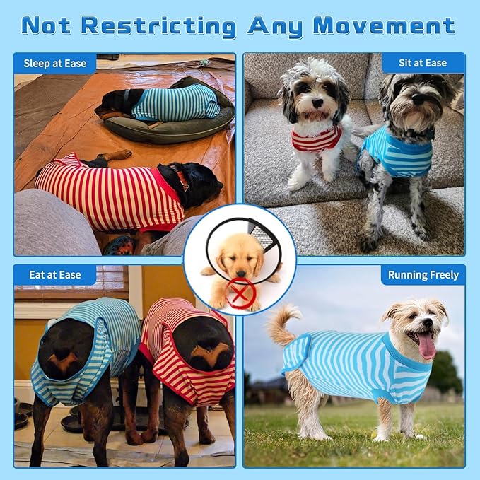2 Packs Breathable Cotton Dog Recovery Suit for After Neuter Spay Abdominal Wounds Protector, Professional Anti-Licking Onesies for Male Female Pets Surgery Bandages, M Red & Blue Stripes