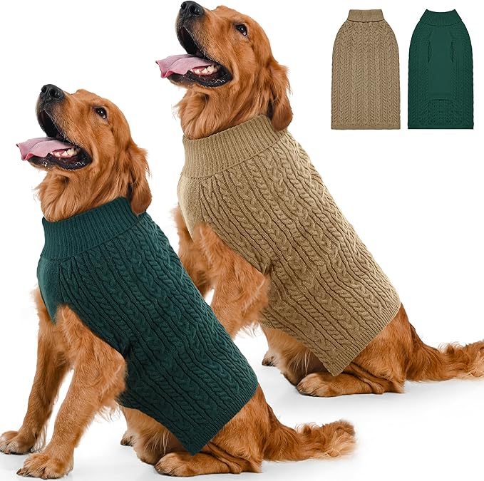 2 Pack Dog Sweaters for Large Dogs Winter Turtleneck Pullover Cable Knit Fleece Stretch Pitbull Labrador Golden Retriever Doberman Bulldog Boy Girl Pet Clothes (XXL, Green & Brown)
