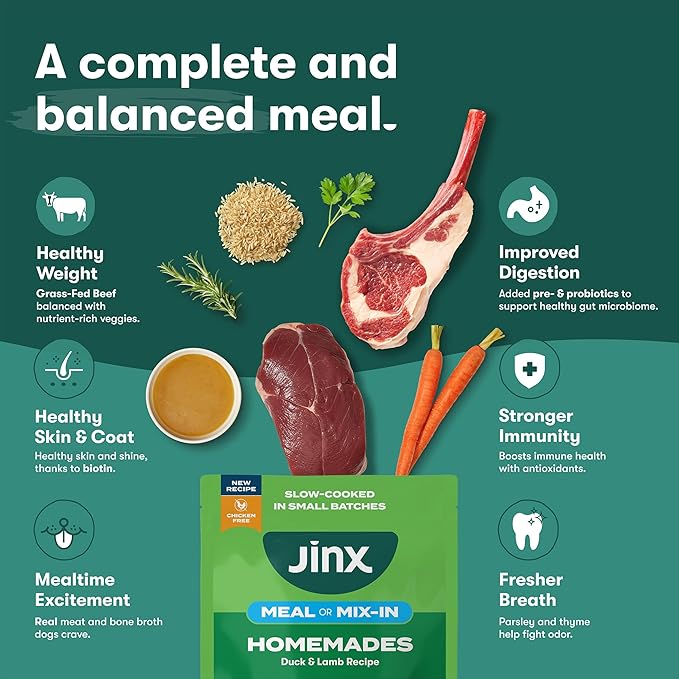 Jinx Wet Dog Food Pouches, Meal or Dog Food Topper Mix with Dry Dog Food, Made with Real Lamb & Duck, Bone Broth, No Fillers, Puppy, Adult, Senior, 9oz, 6 Pack