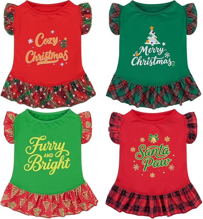 XPUDAC 4 Pack Christmas Dog Dress Plaid Puppy Clothes for Small Dogs Girl Cute Pet Outfit Doggy Apparel Cat Holiday Party Costume, Red, Green, L