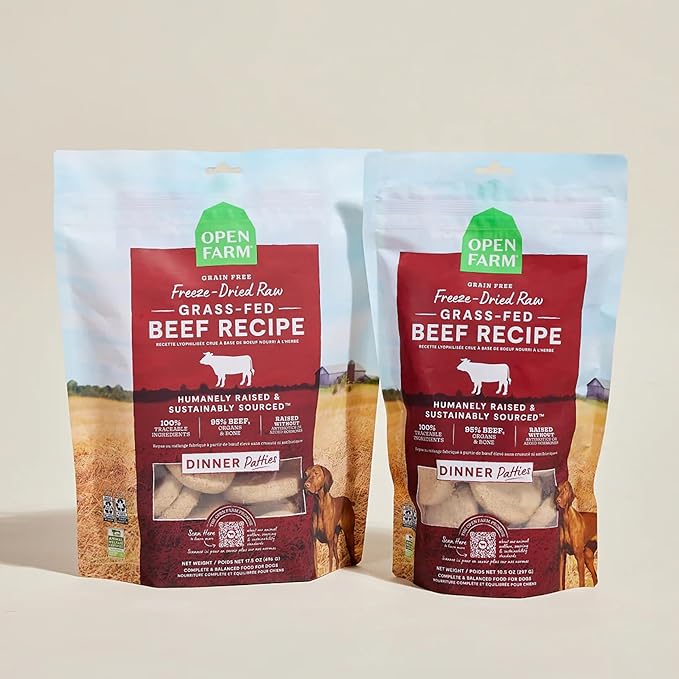 Open Farm, Freeze Dried Raw Dog Food, Patties with 95% Meat, Organs & Bone, Complete Meal or Freeze Dried Dog Food Mixer, Grass-Fed Beef Recipe, 17.5oz Bag
