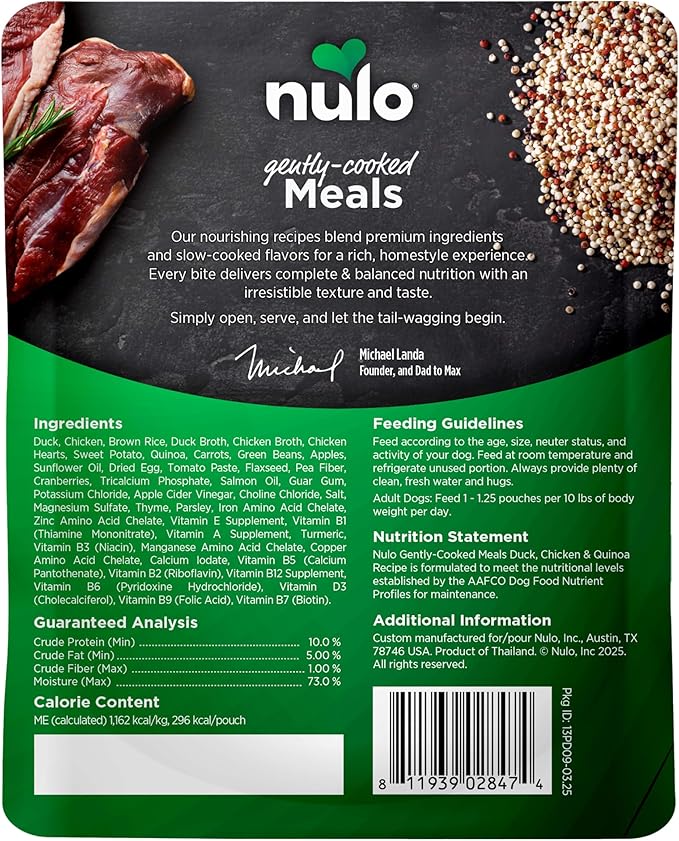 Nulo Gently-Cooked Meals Complete and Balanced Adult Wet Dog Food, Duck & Quinoa, 9 Ounce, 8 Count
