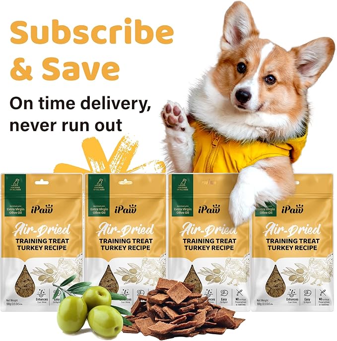 iPaw Air-Dried Turkey Dog Treats, Extra Virgin Olive Oil Added, Made with Turkey Meat, Chicken Heart and Duck Liver, High Protein, Soft Treats for All Age Dogs, Freeze-Dried Alternative (3.5oz/Pack)
