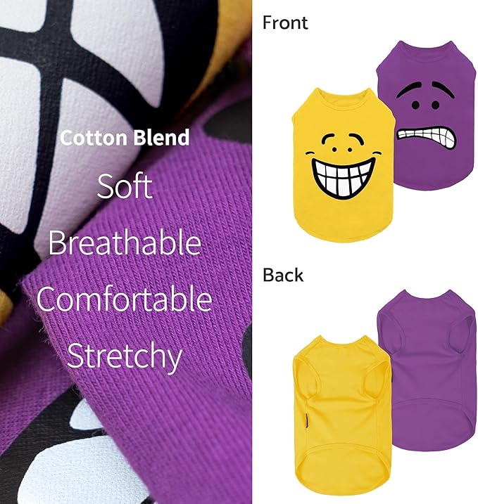 Fitwarm 2 Pack Happy Scary Expression Dog Shirt, Funny Clothes for Small Dogs Boy Girl, Pet Outfit, Yellow, Purple, XL