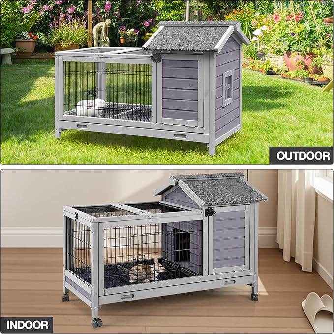 Wooden Rabbit Hutch Indoor and Outdoor, Rabbit Cage with Removable Wire Netting and Leak Proof Tray, Mobile Bunny Cage with Wheels (Grey)