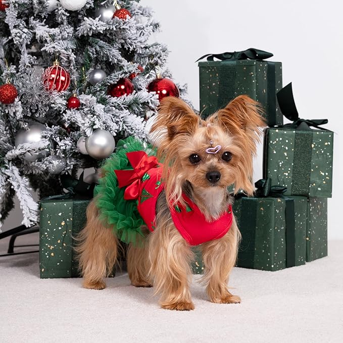 Fitwarm Christmas Tree Dog Tulle Dress, Christmas Clothes for Small Dogs Girl, Holiday Pet Outfit, Red, Green, XS