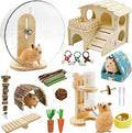 32 Pcs Hamster Cage Accessories, Silent Hamster Wheel, 22 Chew Toys Set, Wooden Hideout, Fleece House, Water Bottle Set, Ceramic Food Bowl for Rat Mice Small Animals Habitat Decor